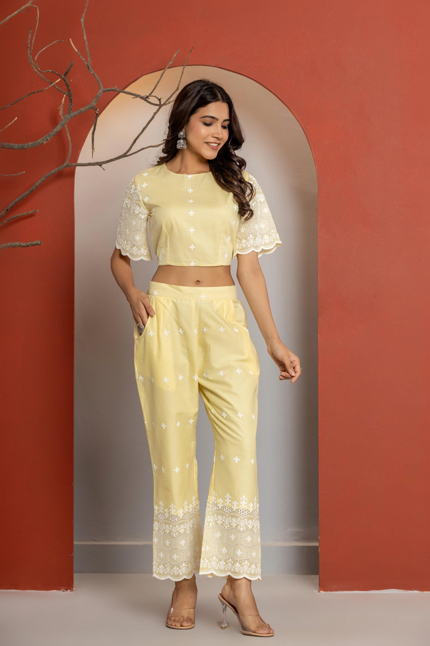 Yellow Cotton Schiffli Co-ord Set