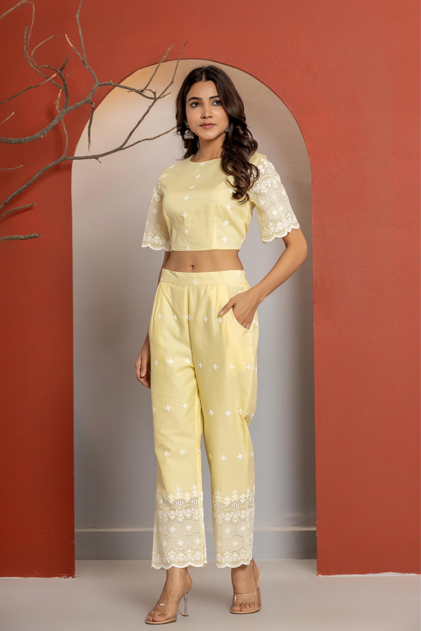 Yellow Cotton Schiffli Co-ord Set
