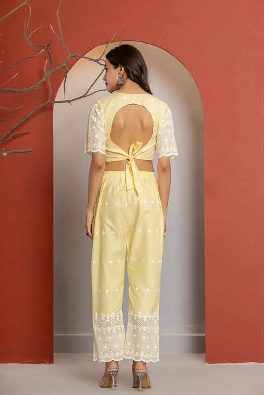 Yellow Cotton Schiffli Co-ord Set