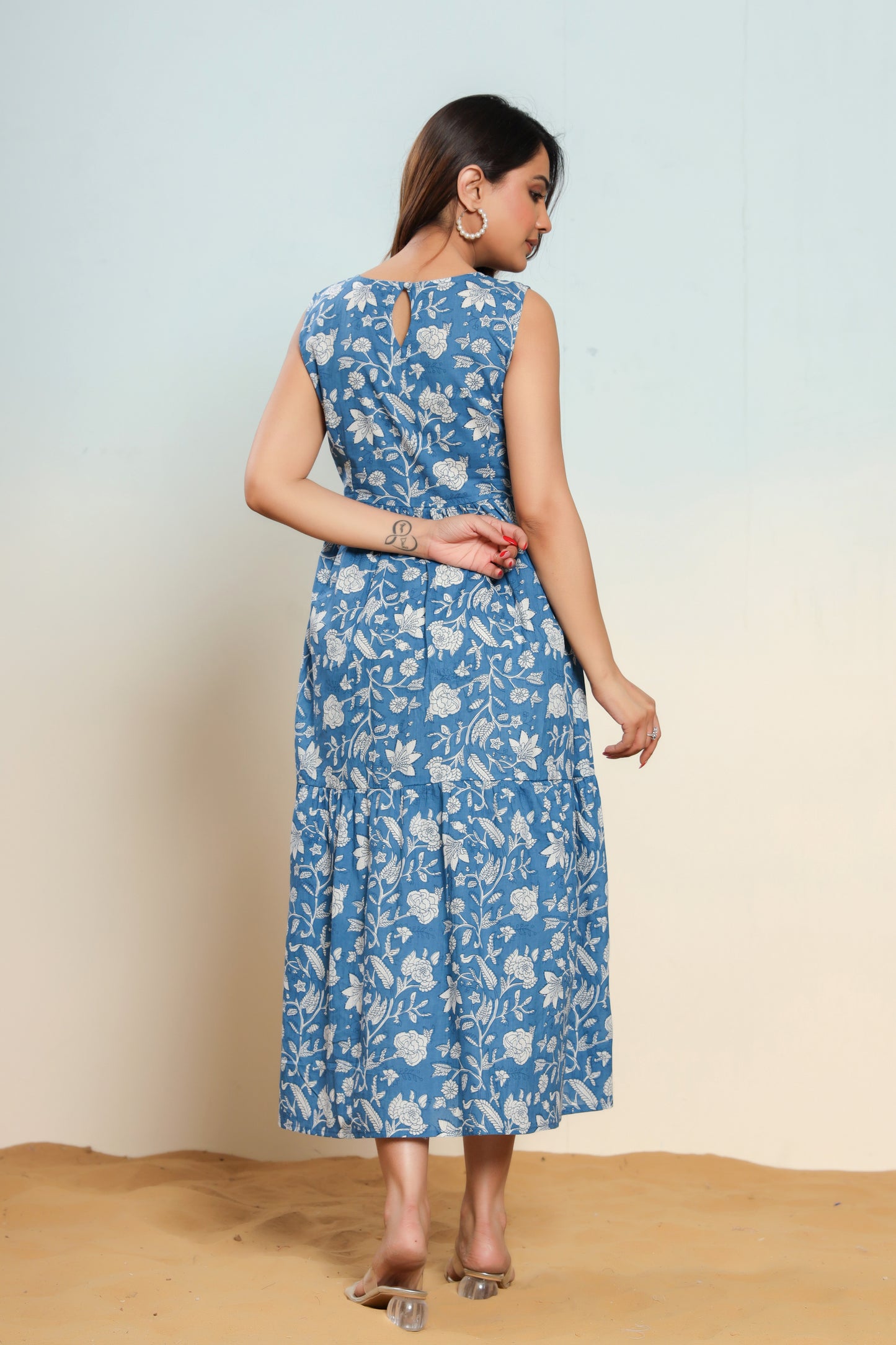 Indigo Blue Cotton Hand Block Printed Maxi Dress