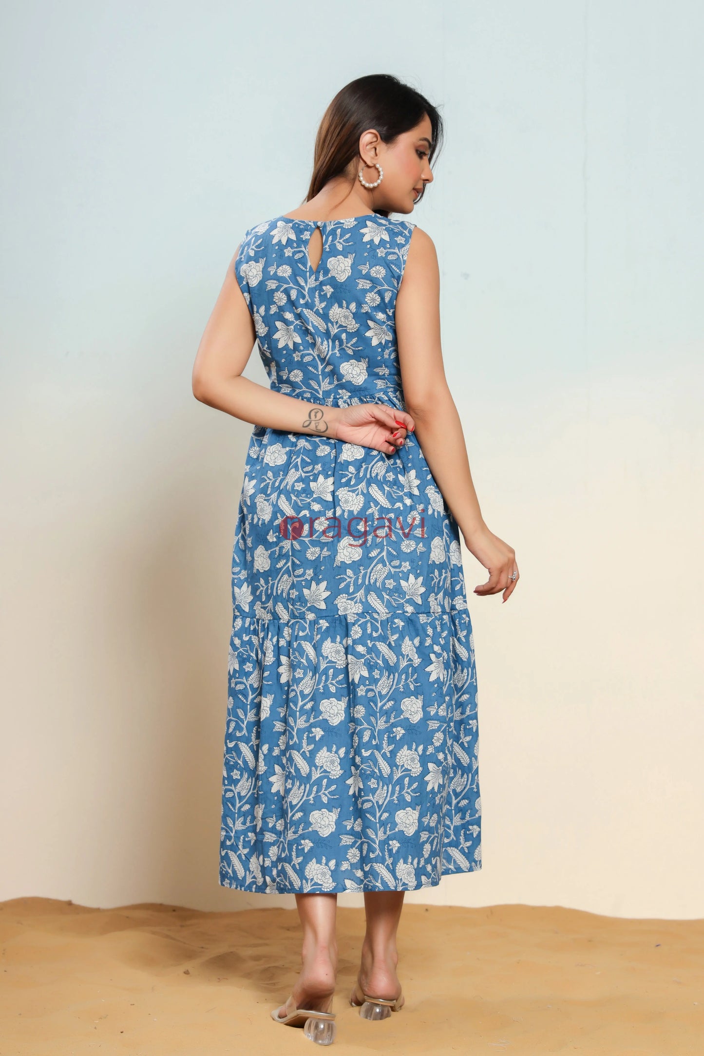 Indigo Blue Cotton Hand Block Printed Maxi Dress - Ragavi