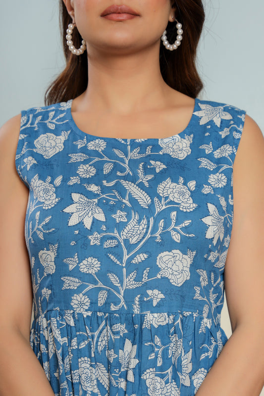 Indigo Blue Cotton Hand Block Printed Maxi Dress