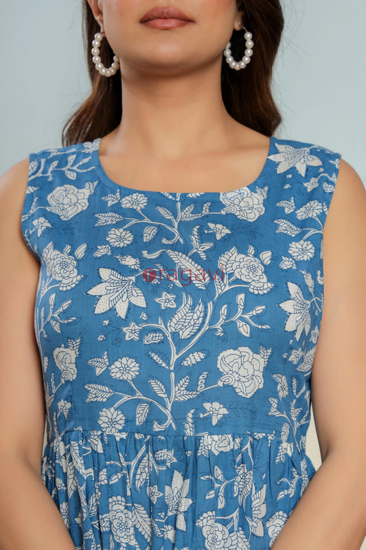 Indigo Blue Cotton Hand Block Printed Maxi Dress - Ragavi