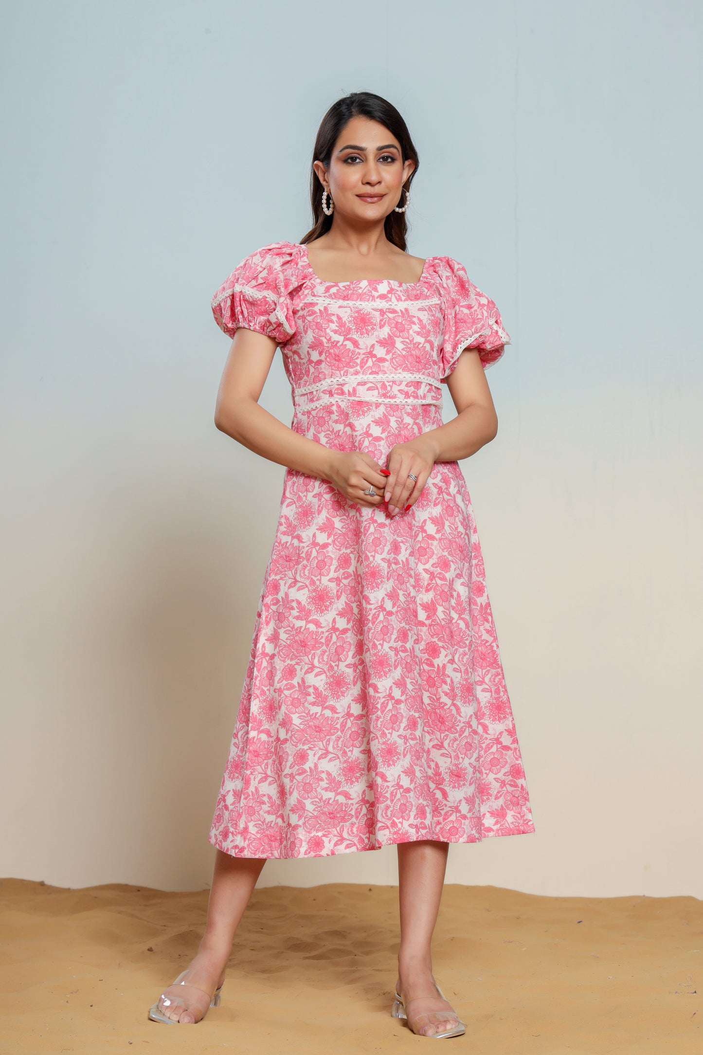 Prism Pink Cotton Hand Block Printed Midi Dress