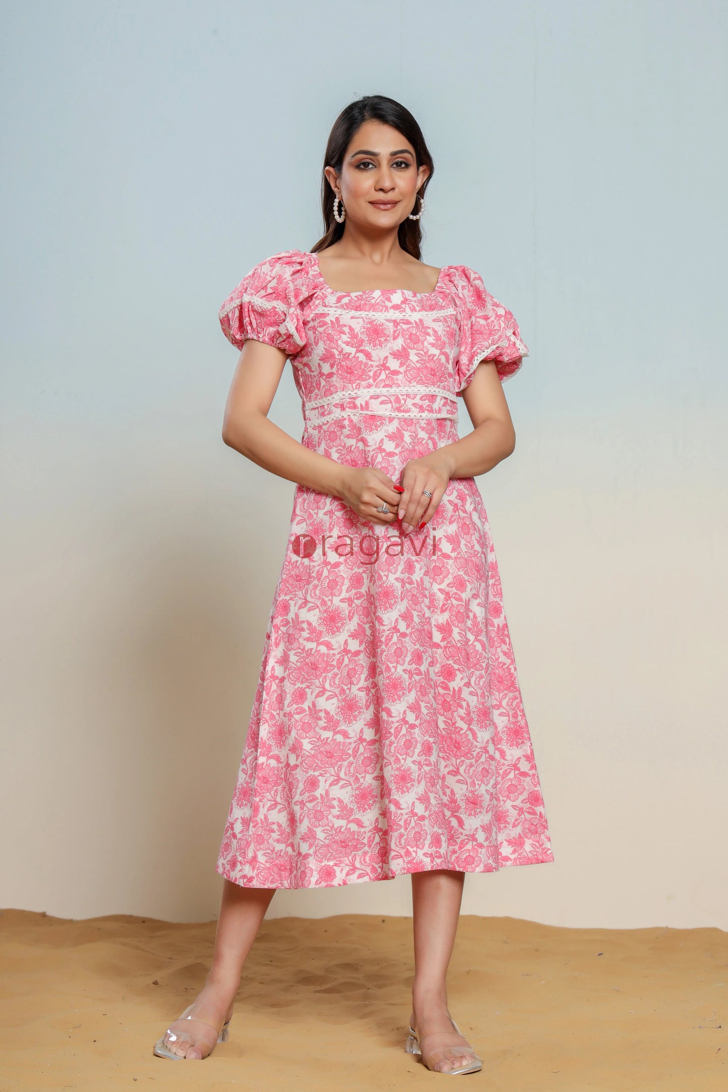Prism Pink Cotton Hand Block Printed Midi Dress - Ragavi