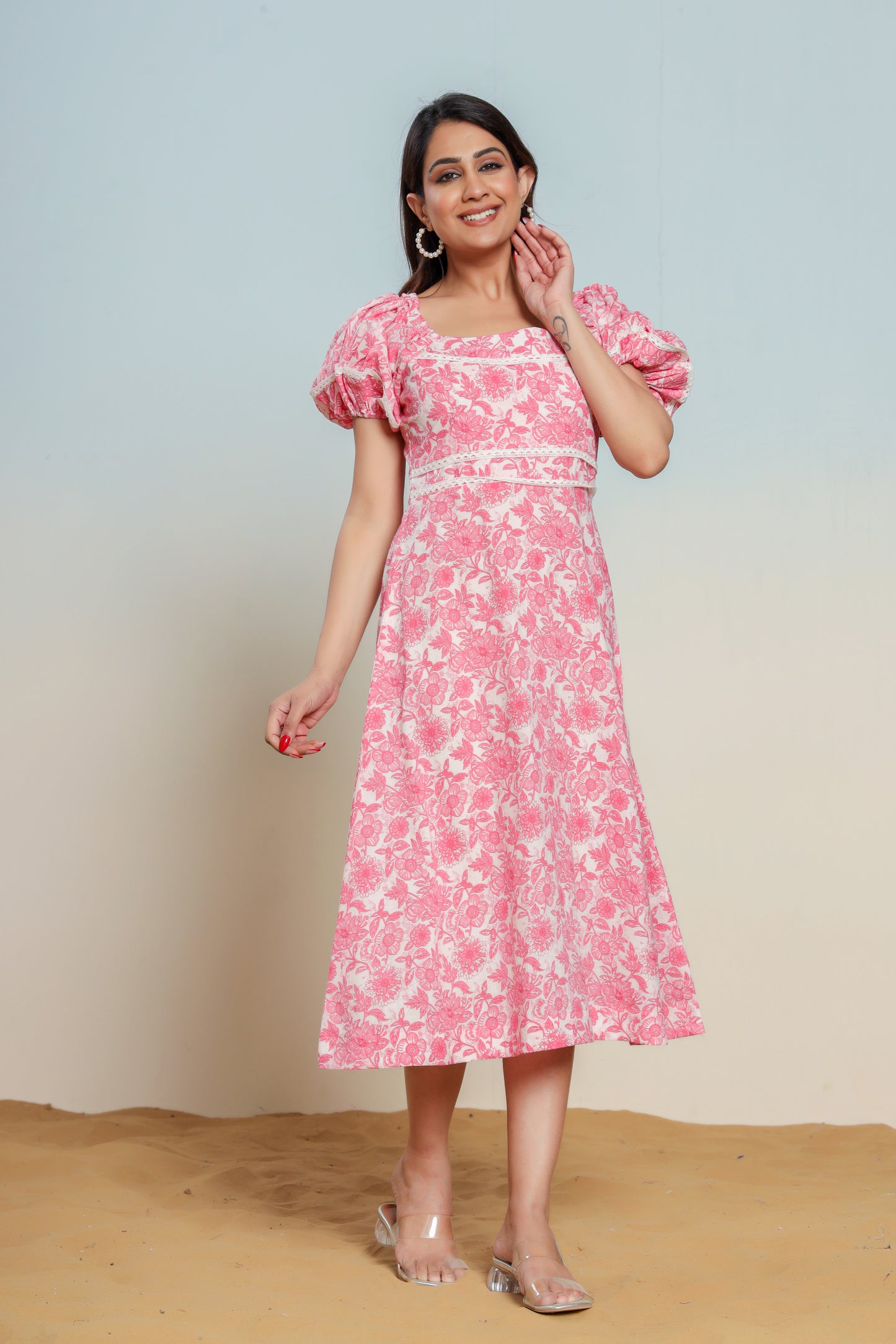 Prism Pink Cotton Hand Block Printed Midi Dress