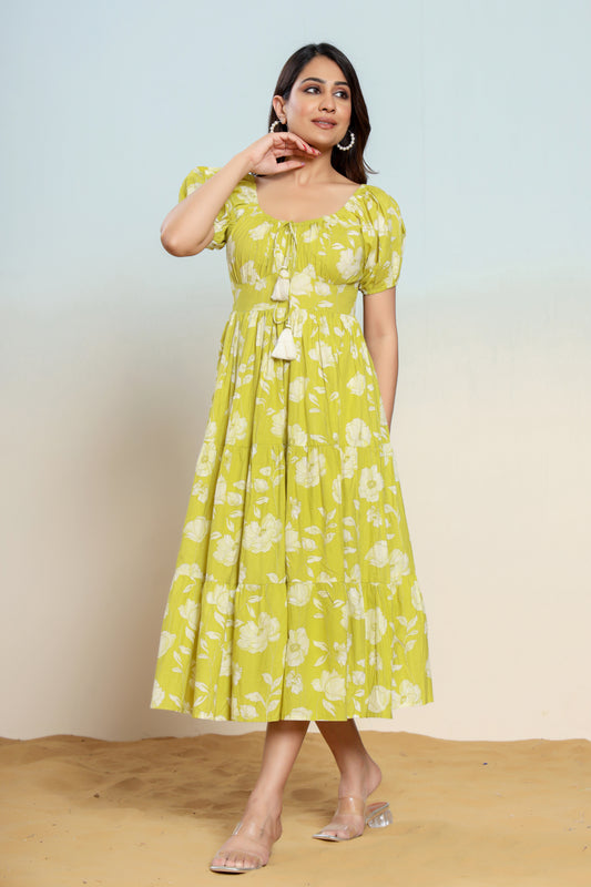 Golden Lime Green Hand Block Printed Midi Dress