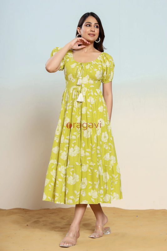 Golden Lime Green Hand Block Printed Midi Dress - Ragavi