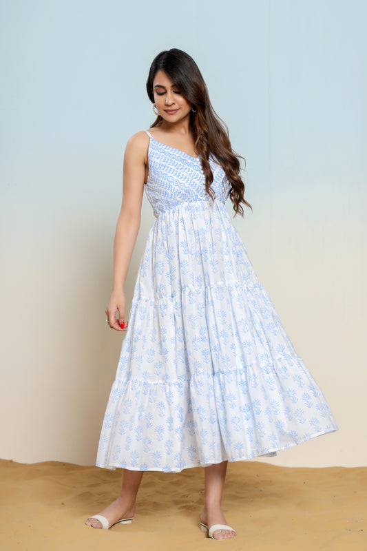 Powder Blue and White Printed Cotton Maxi Dress