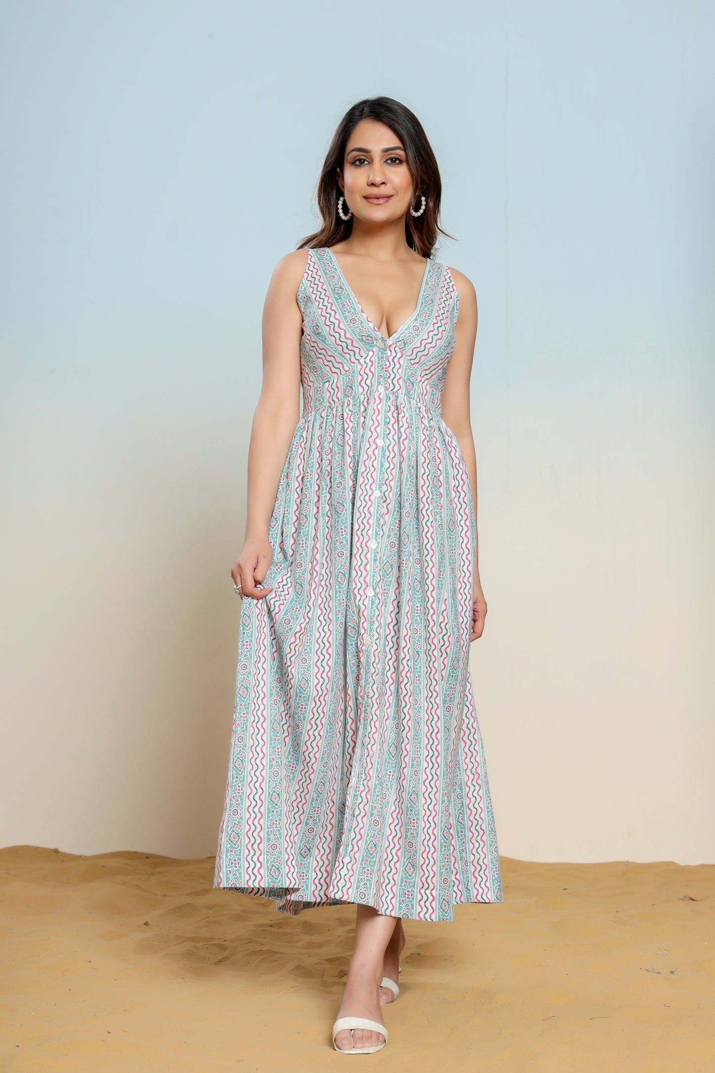 Whispering Blue Hand Block Printed Cotton Midi Dress