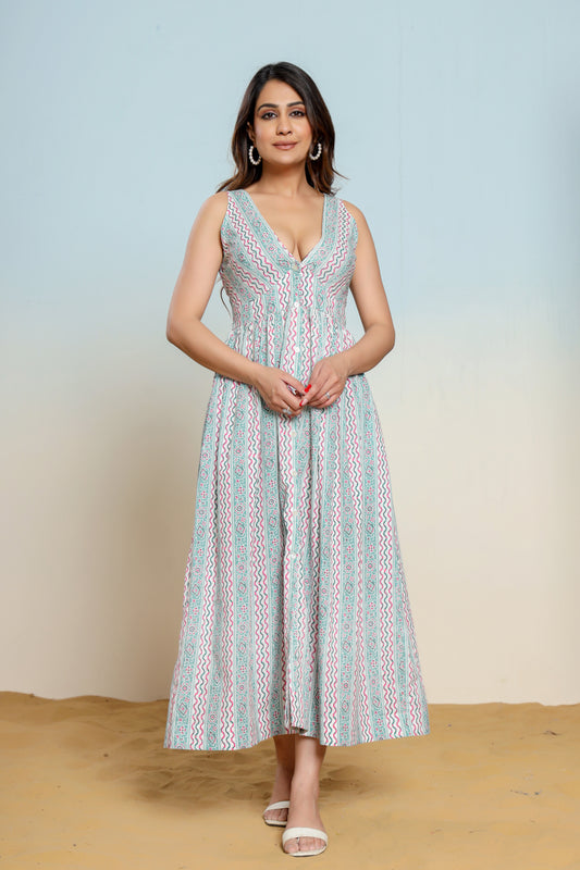 Whispering Blue Hand Block Printed Cotton Midi Dress