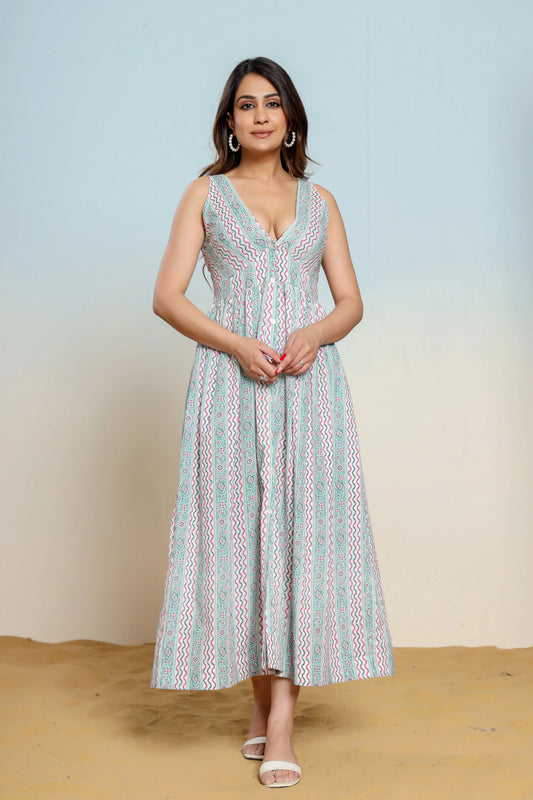 Whispering Blue Hand Block Printed Cotton Midi Dress - Ragavi