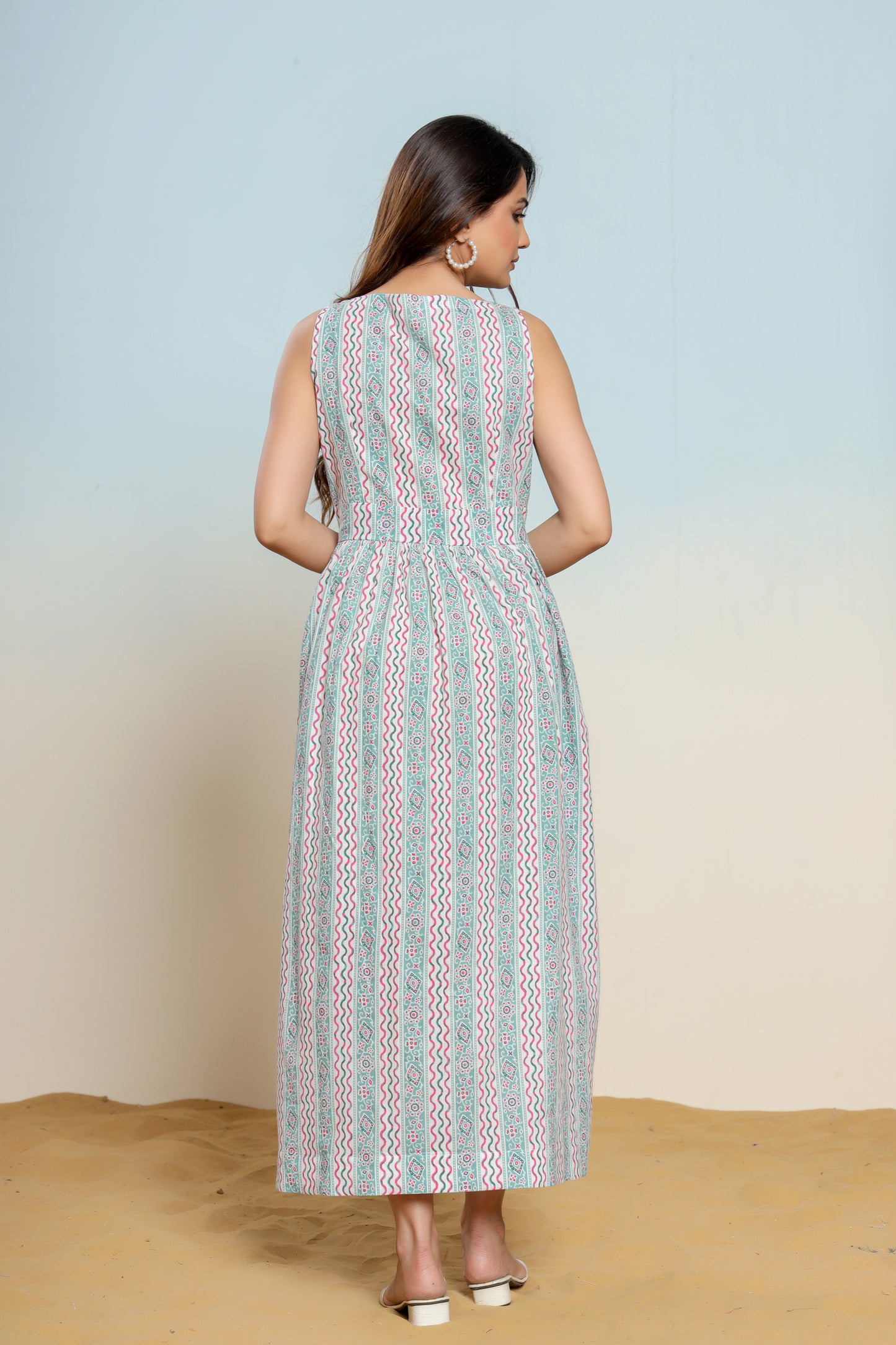 Whispering Blue Hand Block Printed Cotton Midi Dress