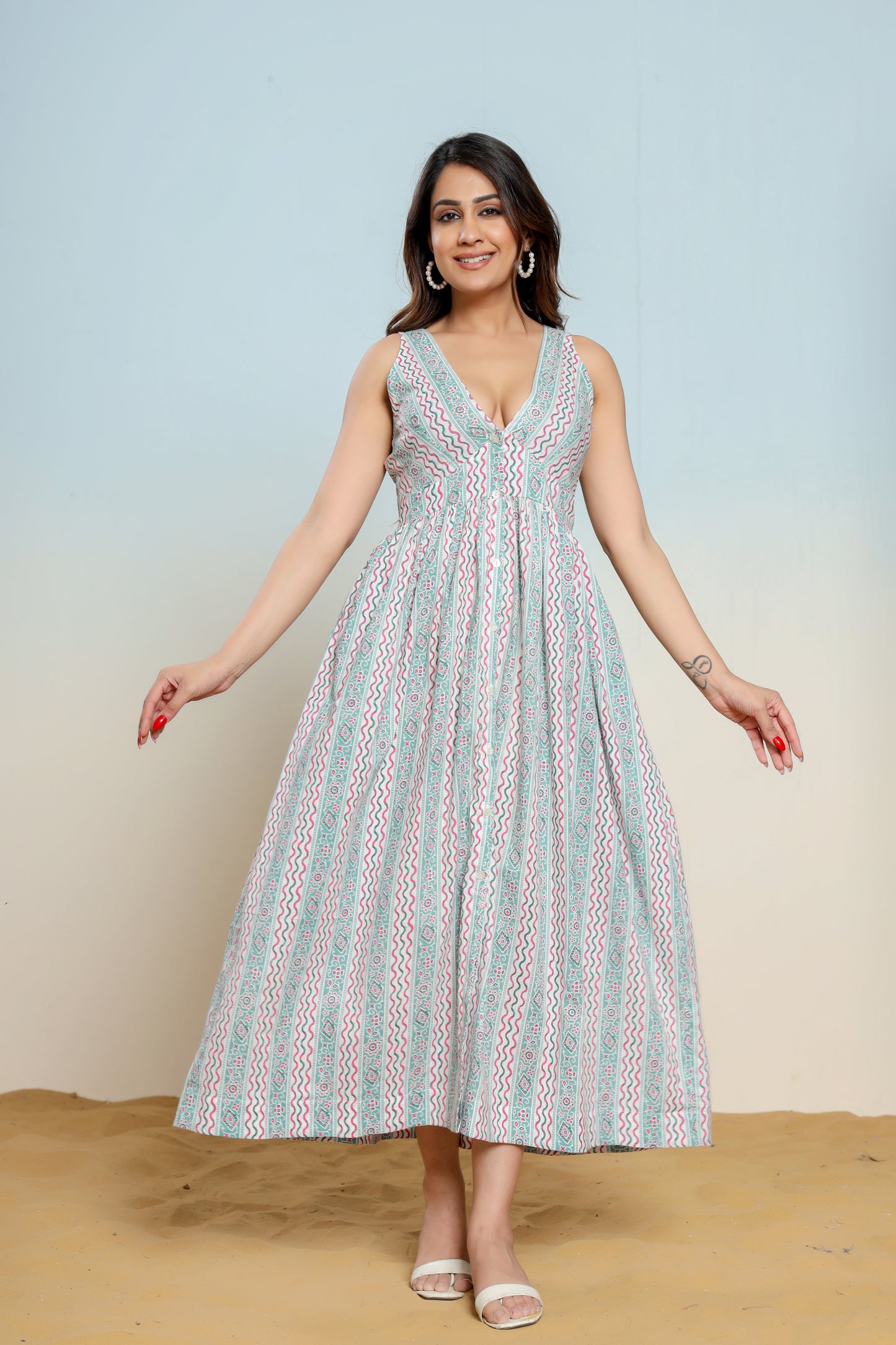 Whispering Blue Hand Block Printed Cotton Midi Dress
