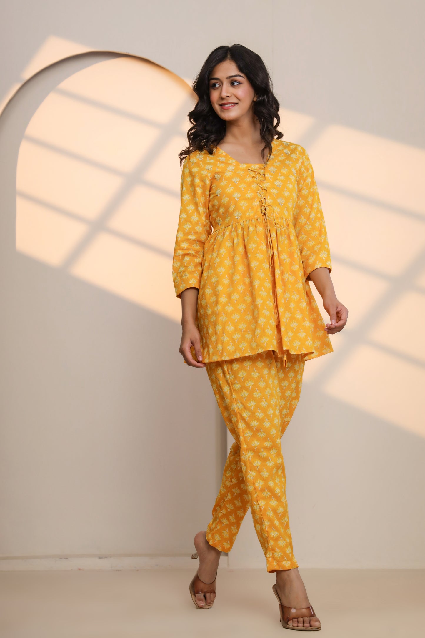 Yellow Cream Cotton Hand Block Printed Co- Ord Set
