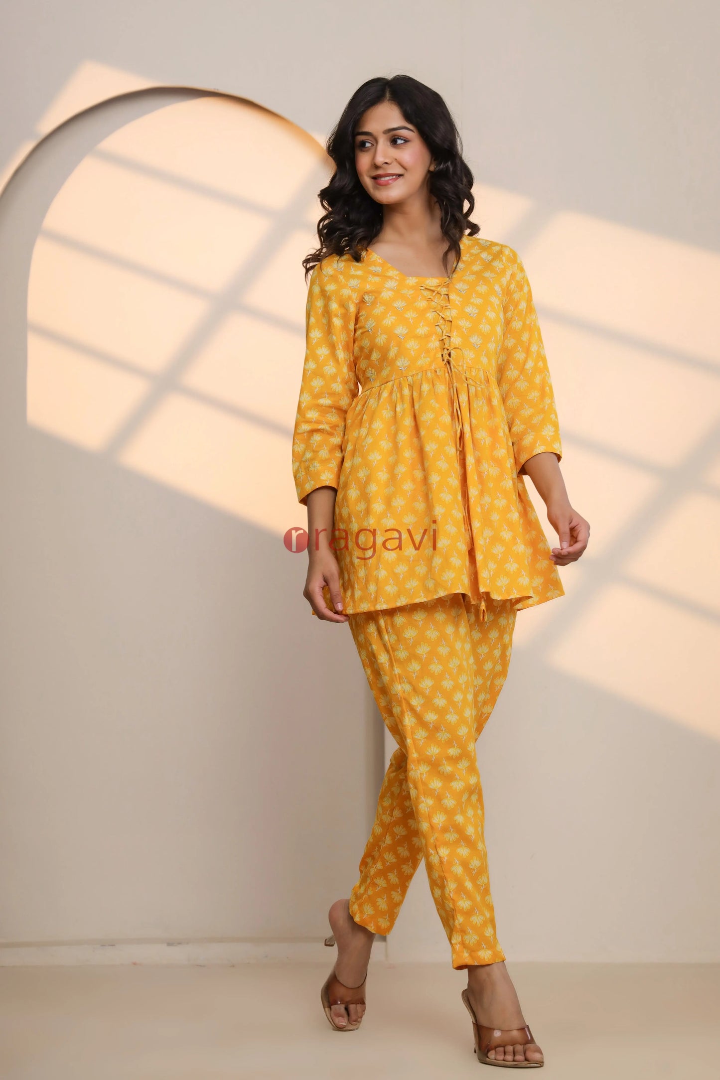Yellow Cream Cotton Hand Block Printed Co- Ord Set - Ragavi