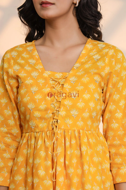 Yellow Cream Cotton Hand Block Printed Co- Ord Set - Ragavi