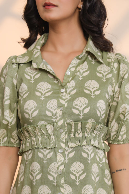 Epsom Green Cotton Slub Mini Dress