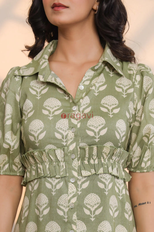 Epsom Green Cotton Slub Mini Dress - Ragavi