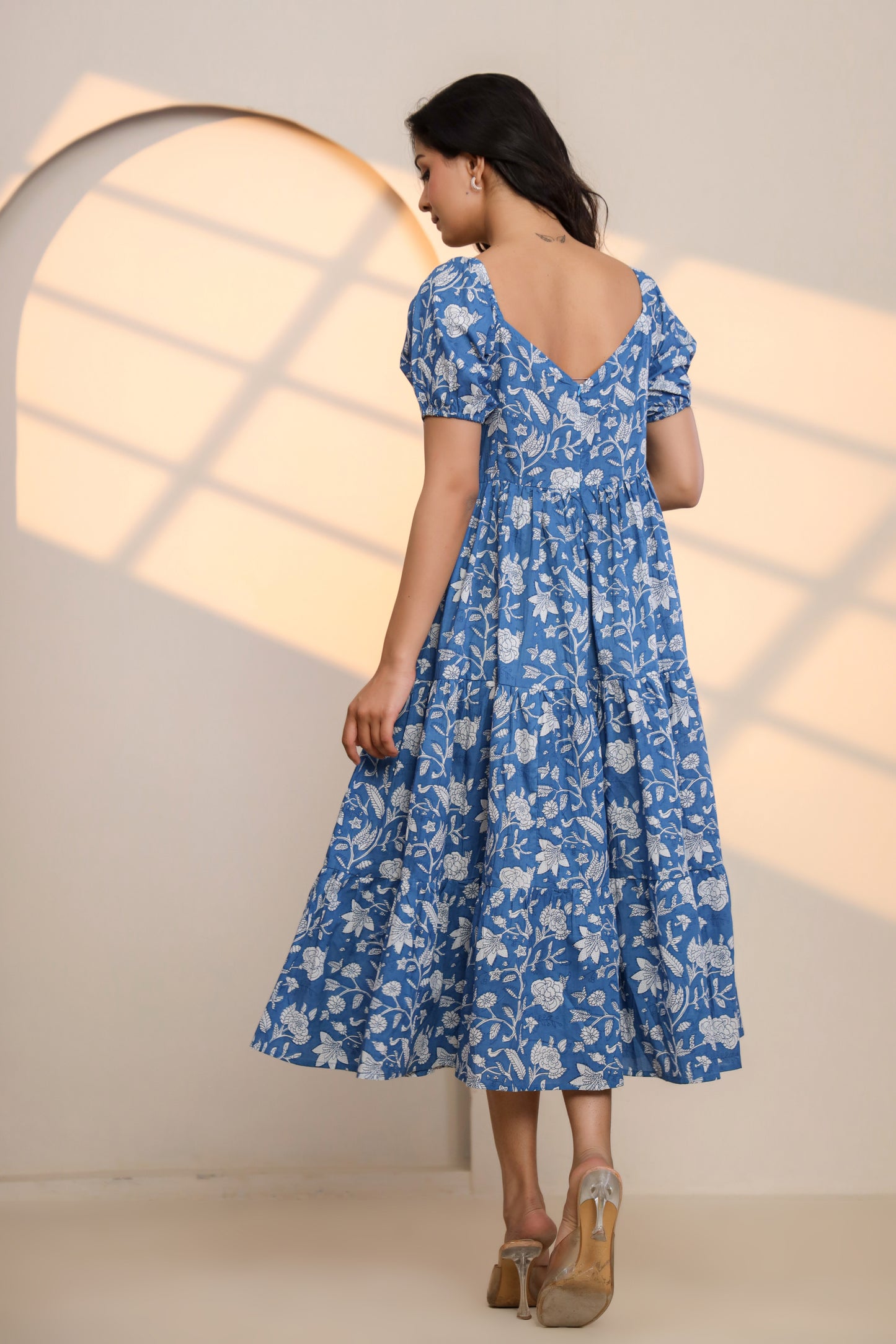 Azure Blue Hand Block Printed Midi Dress