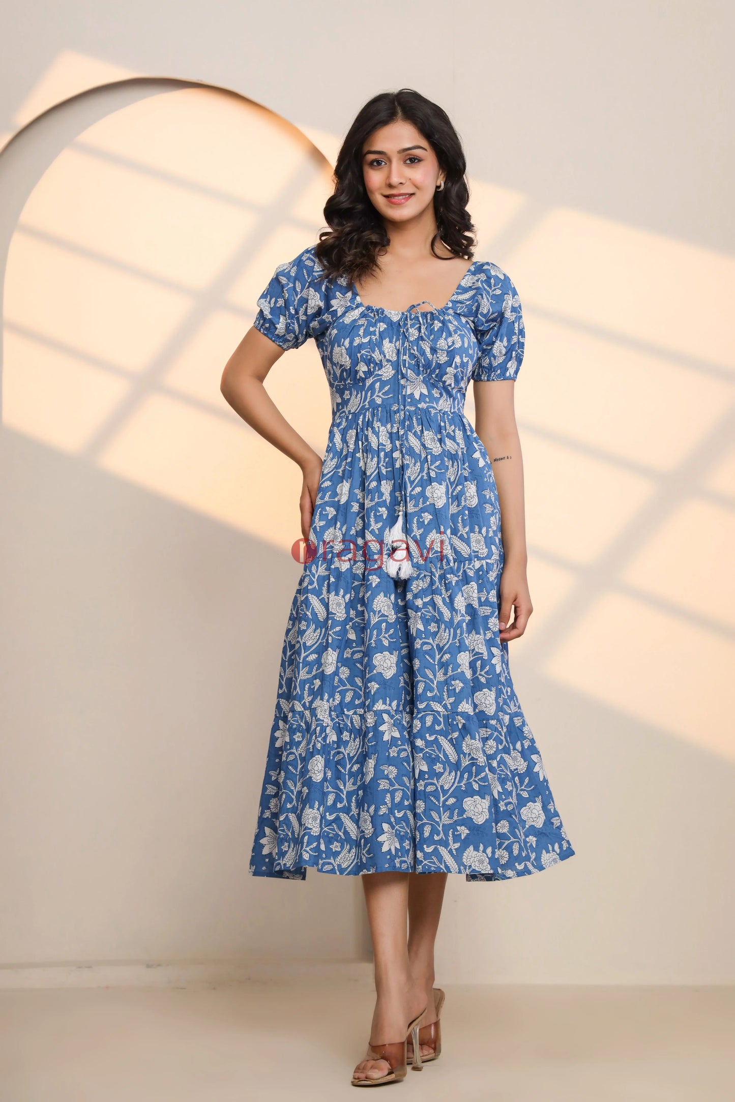 Azure Blue Hand Block Printed Midi Dress - Ragavi