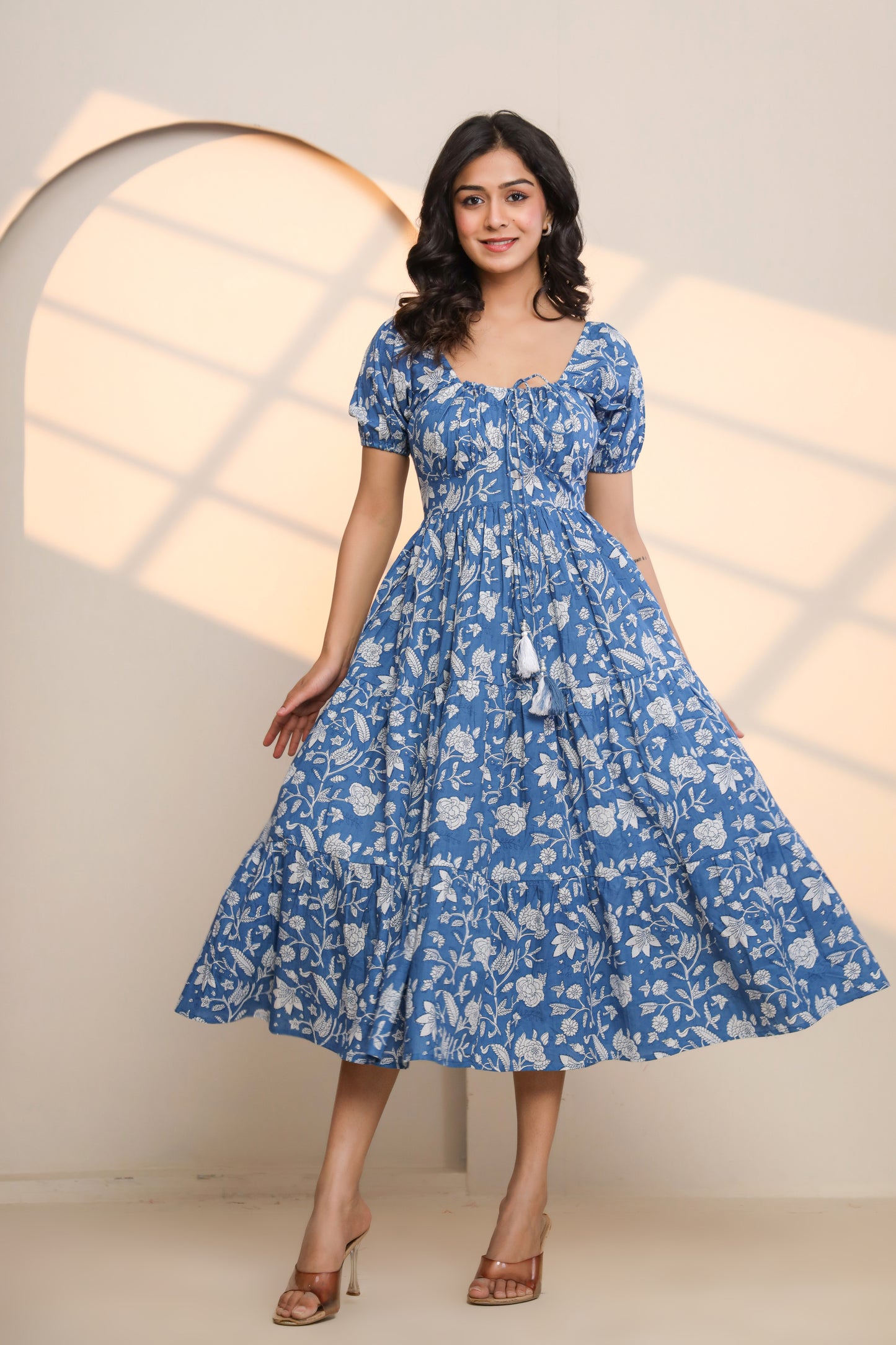 Azure Blue Hand Block Printed Midi Dress
