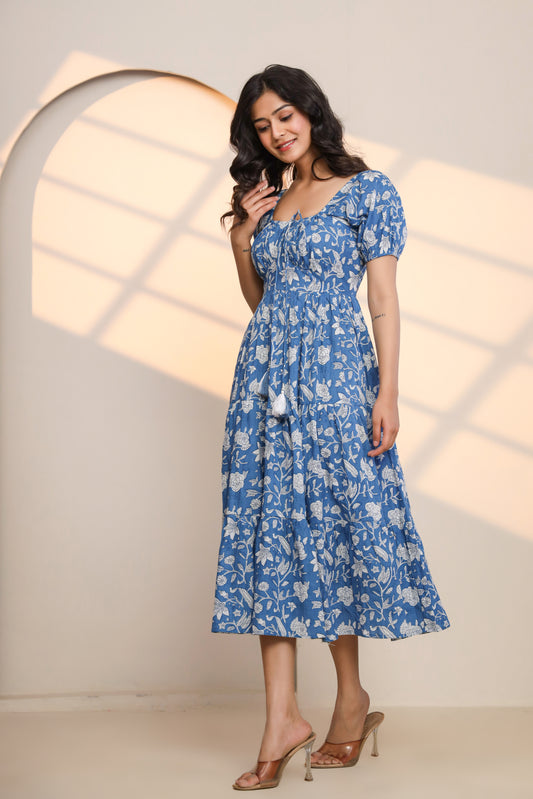 Azure Blue Hand Block Printed Midi Dress
