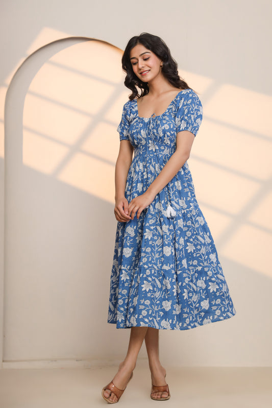 Azure Blue Hand Block Printed Midi Dress