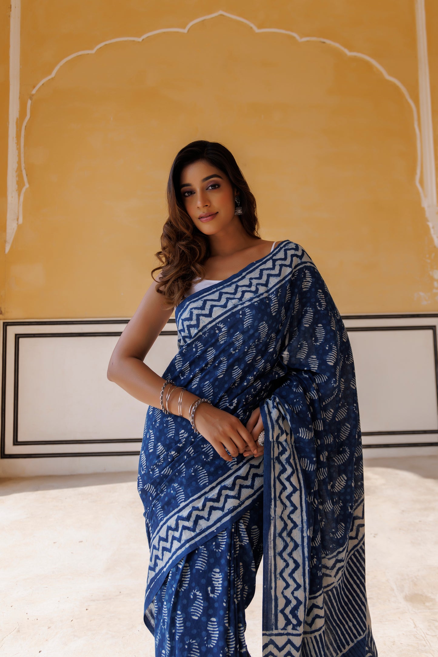 White And Indigo Paisley Block Printed Saree