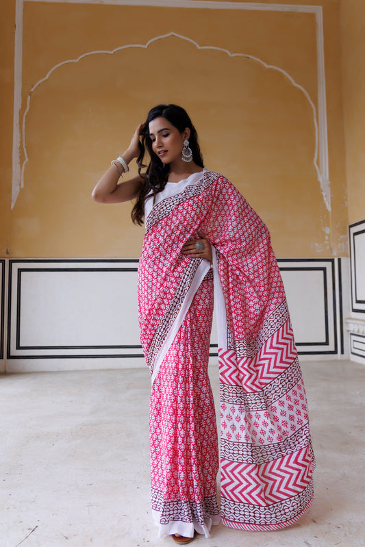 Pink Carnation Hand Printed Saree