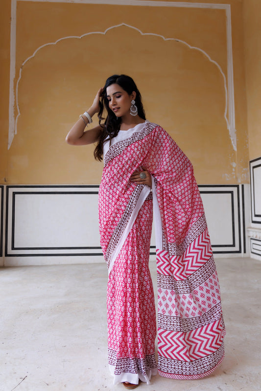 Pink Carnation Hand Printed Saree Ragavi