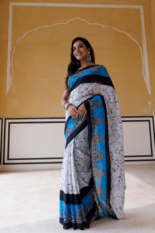 Ethereal Blue Traditional Jaipuri Printed Saree