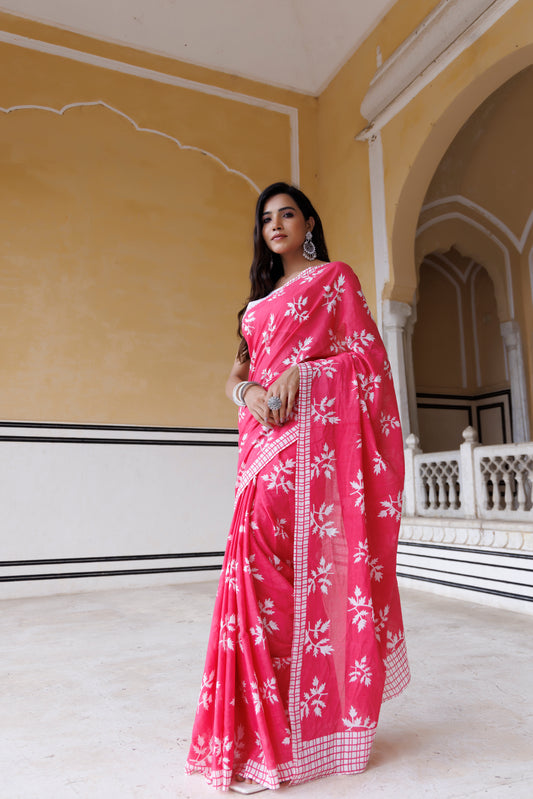 Pink Lemonade Traditional Jaipuri Printed Saree