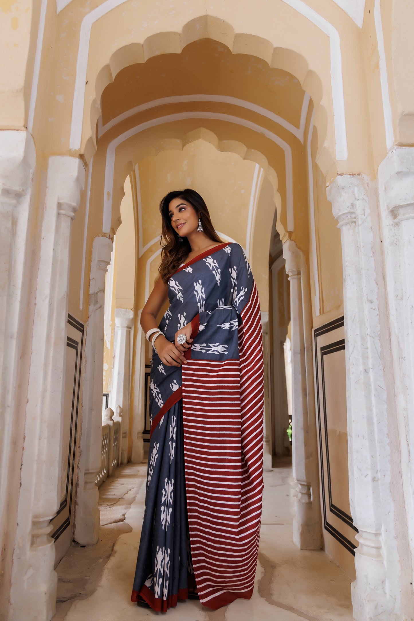 Stormy Grey Traditional Jaipuri Printed Saree
