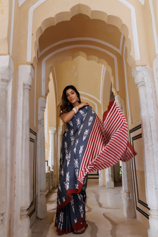 Stormy Grey Traditional Jaipuri Printed Saree Ragavi