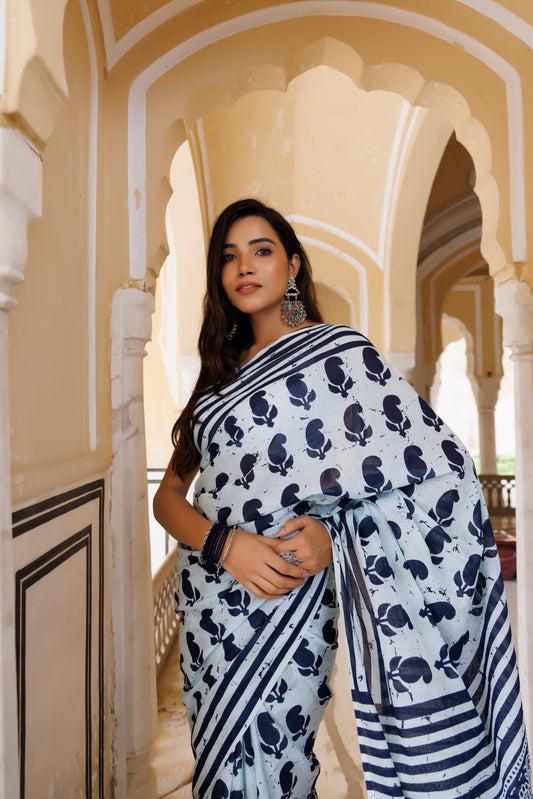Ice Water Blue And Indigo Traditional Jaipuri Printed Saree