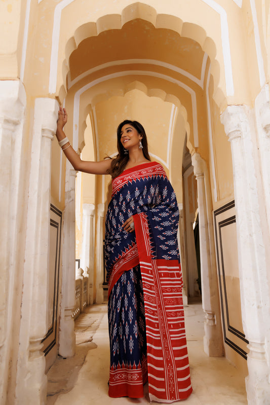 Adrenaline Red And Blue Traditional Jaipuri Printed Saree