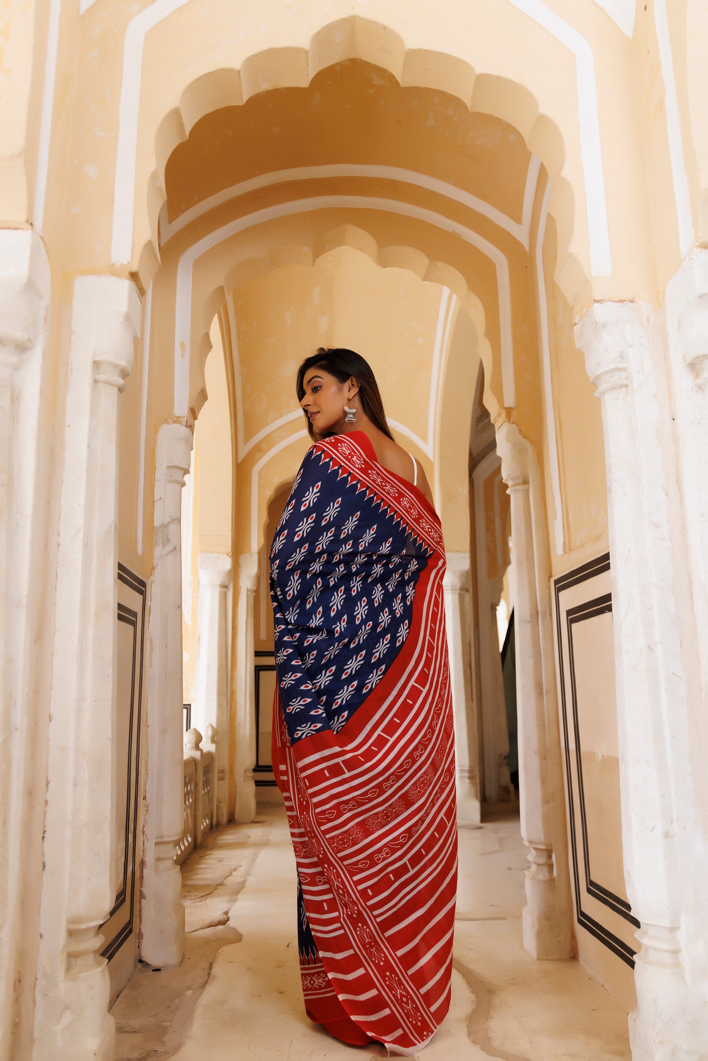 Adrenaline Red And Blue Traditional Jaipuri Printed Saree