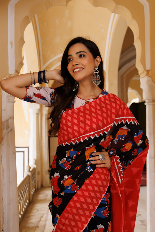 Red and Black Hand Figures Printed Saree