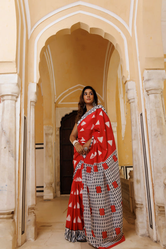 Savvy Red Traditional Jaipuri Printed Saree Ragavi