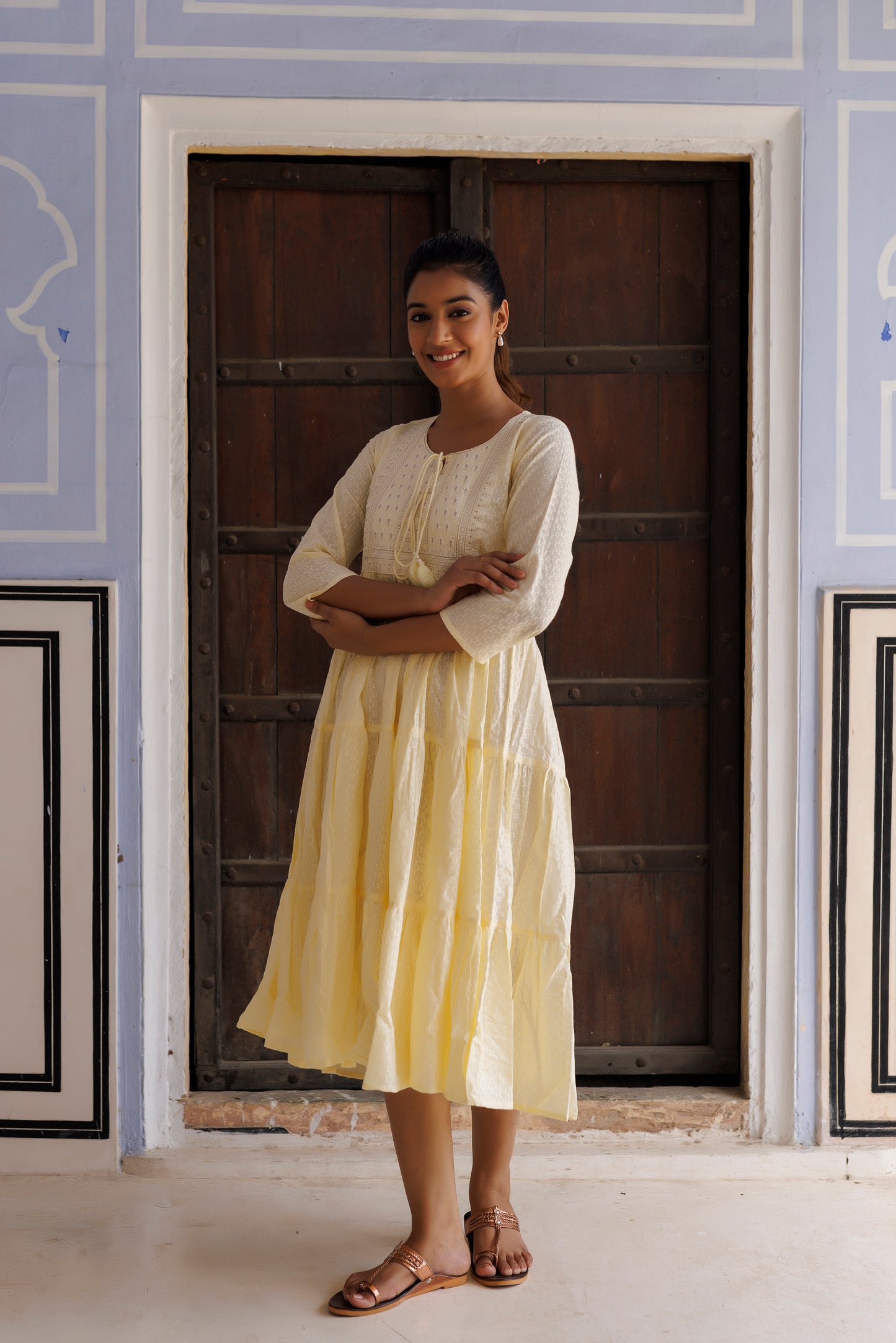 Yellow Tiered Midi Kurta Dress