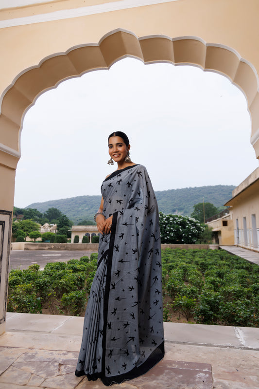 Crystal Grey And Black Cotton Printed Saree