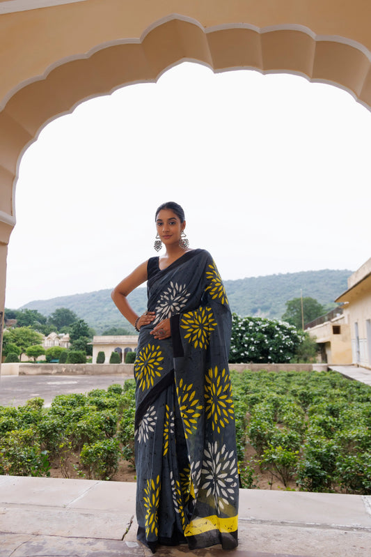 Brushed Grey Contrast Cotton Printed Saree Ragavi