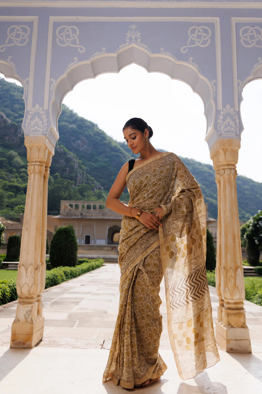 Buttercream Beige Jaipuri Printed Cotton Saree Ragavi