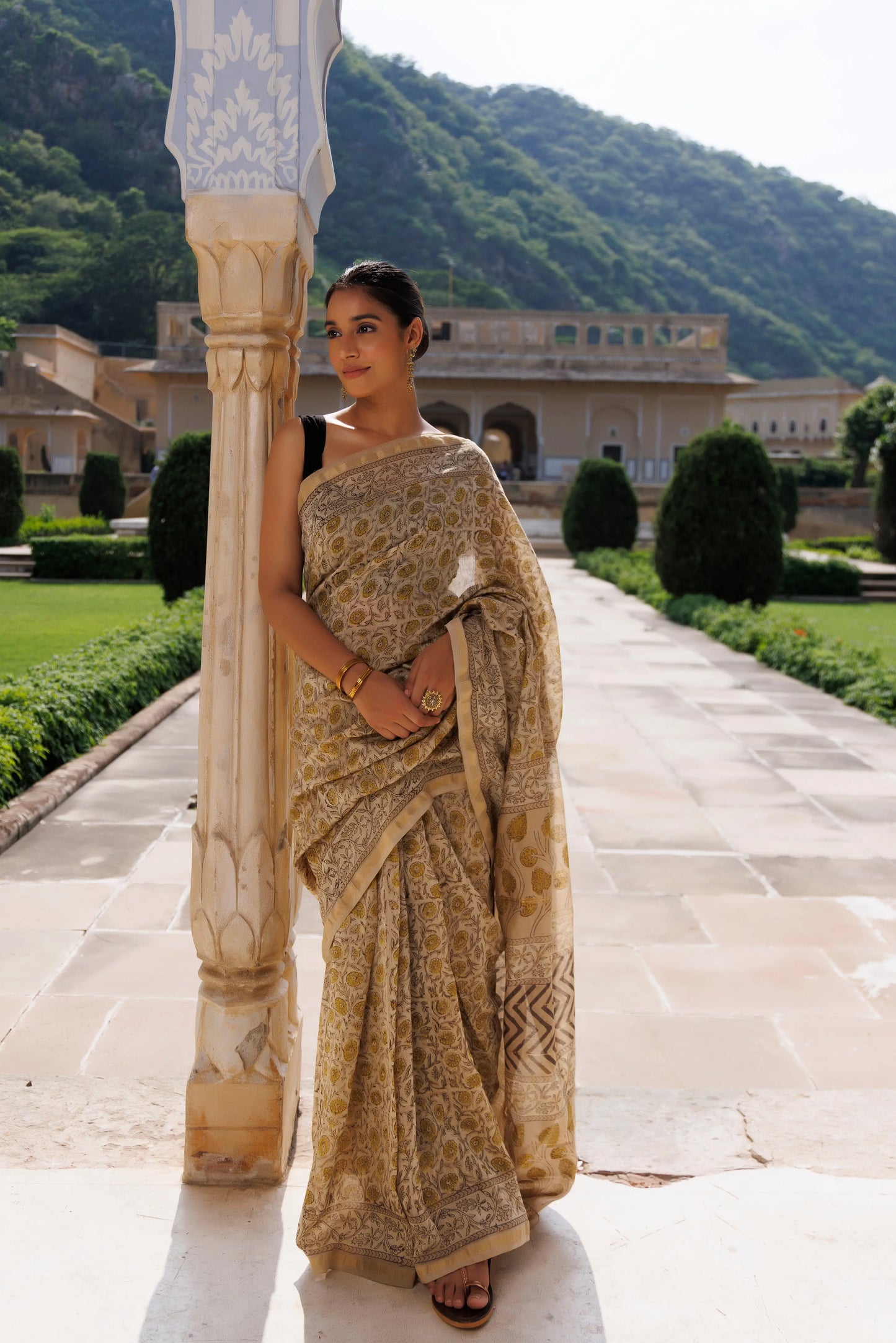 Buttercream Beige Jaipuri Printed Cotton Saree Ragavi