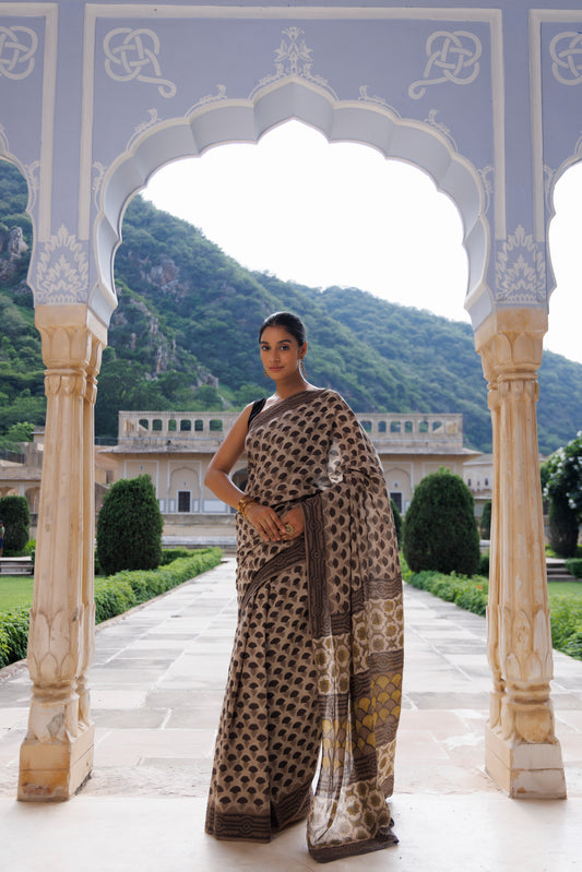 Taupe Brown Traditional Jaipuri Printed Saree