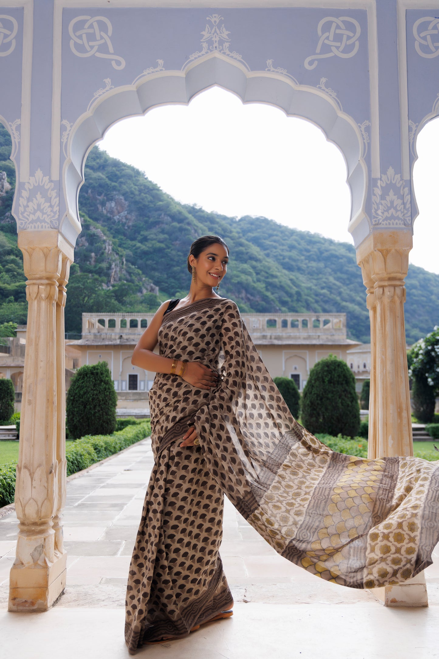 Taupe Brown Traditional Jaipuri Printed Saree