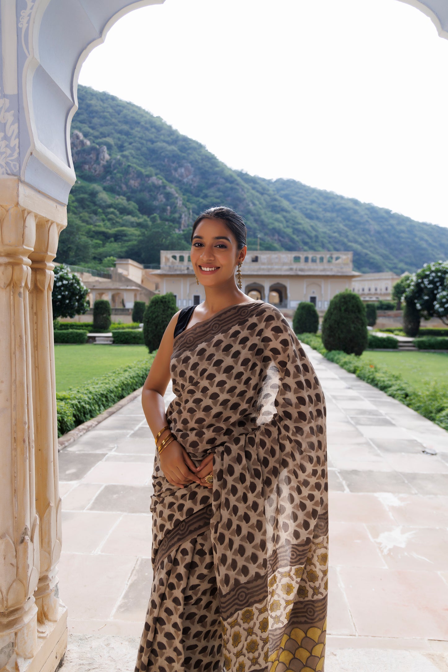 Taupe Brown Traditional Jaipuri Printed Saree
