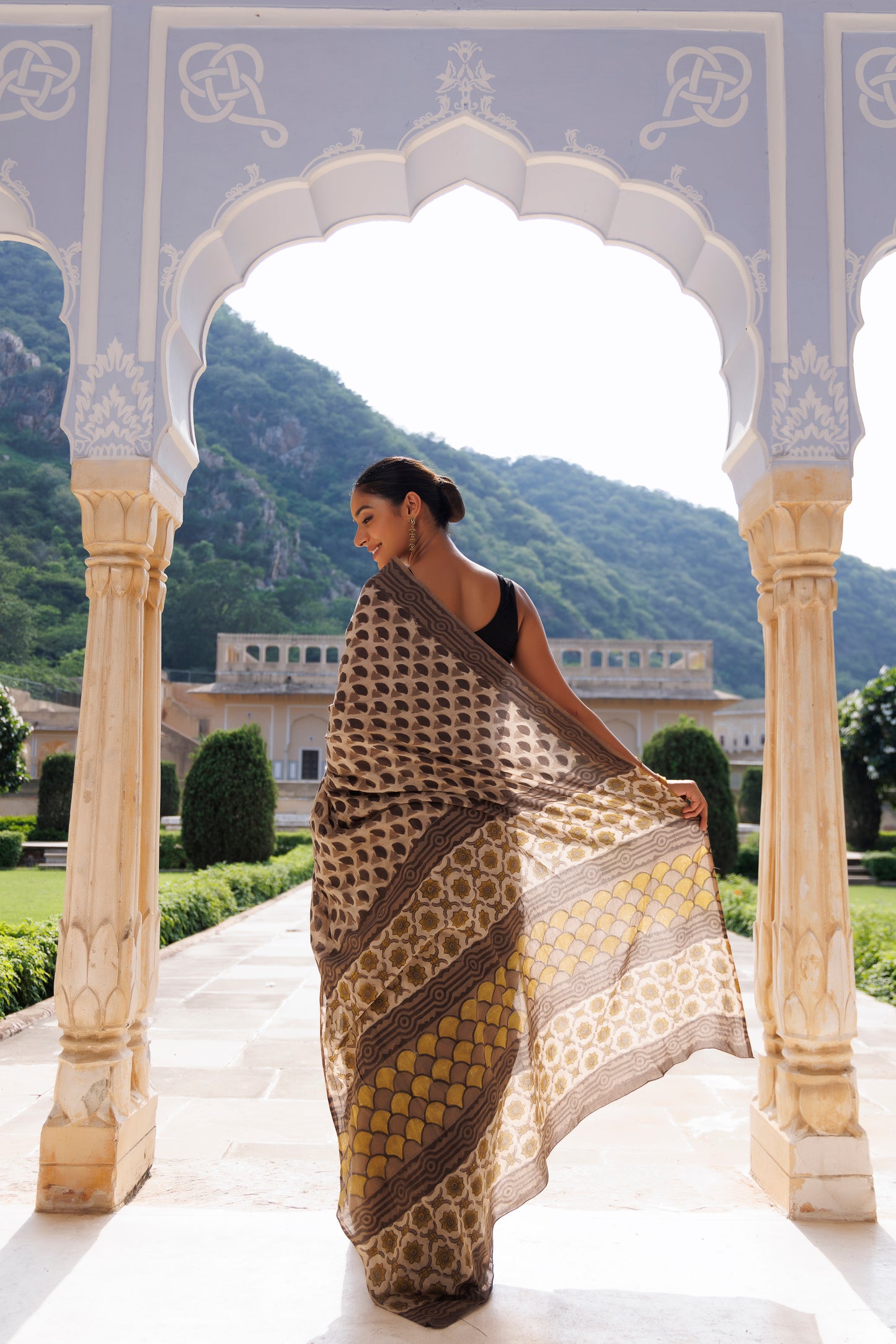 Taupe Brown Traditional Jaipuri Printed Saree