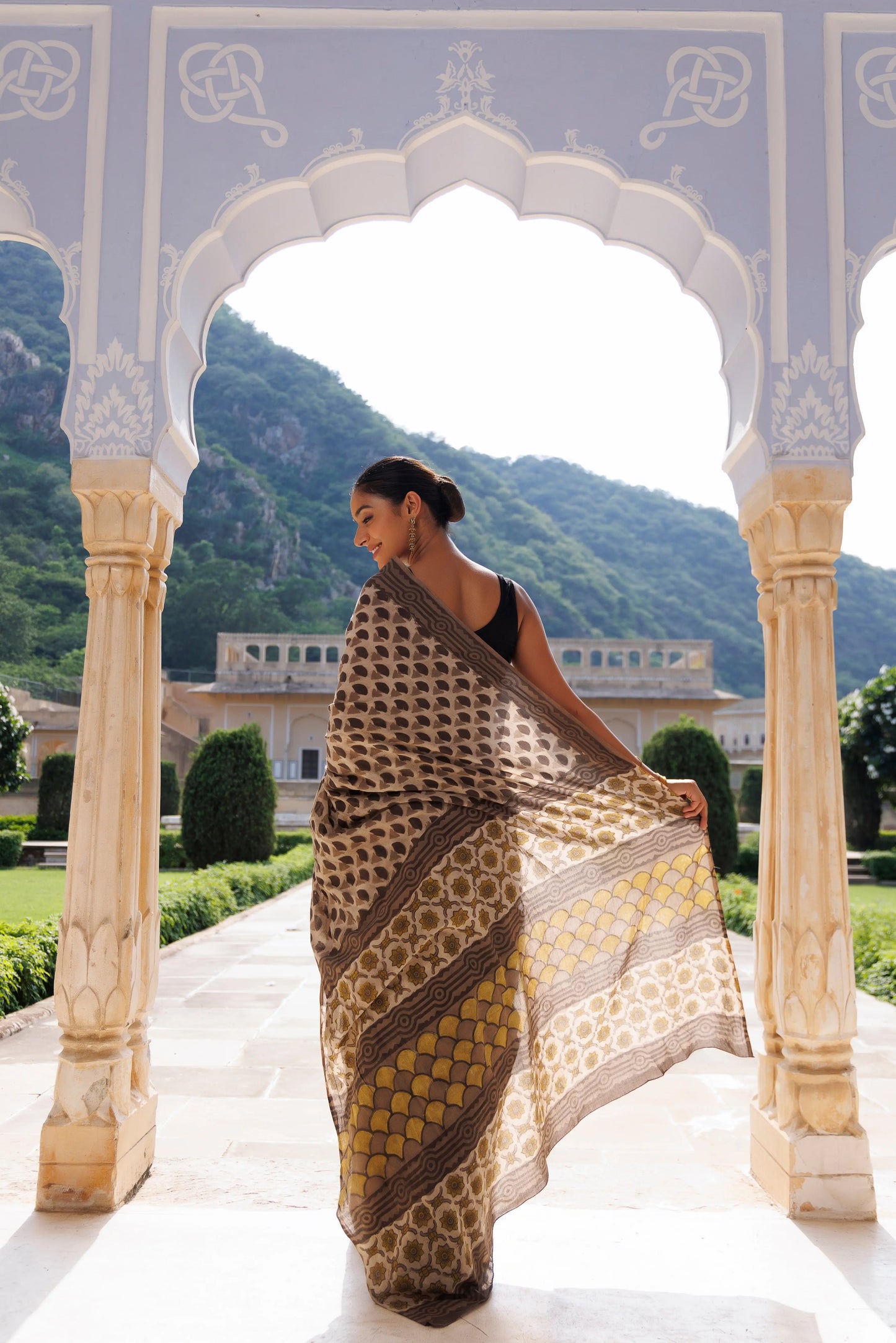 Taupe Brown Traditional Jaipuri Printed Saree Ragavi